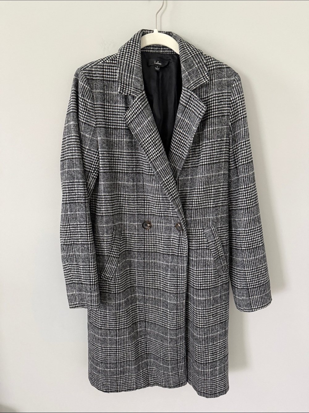 Lulu's Black and White Plaid Long Pea Coat